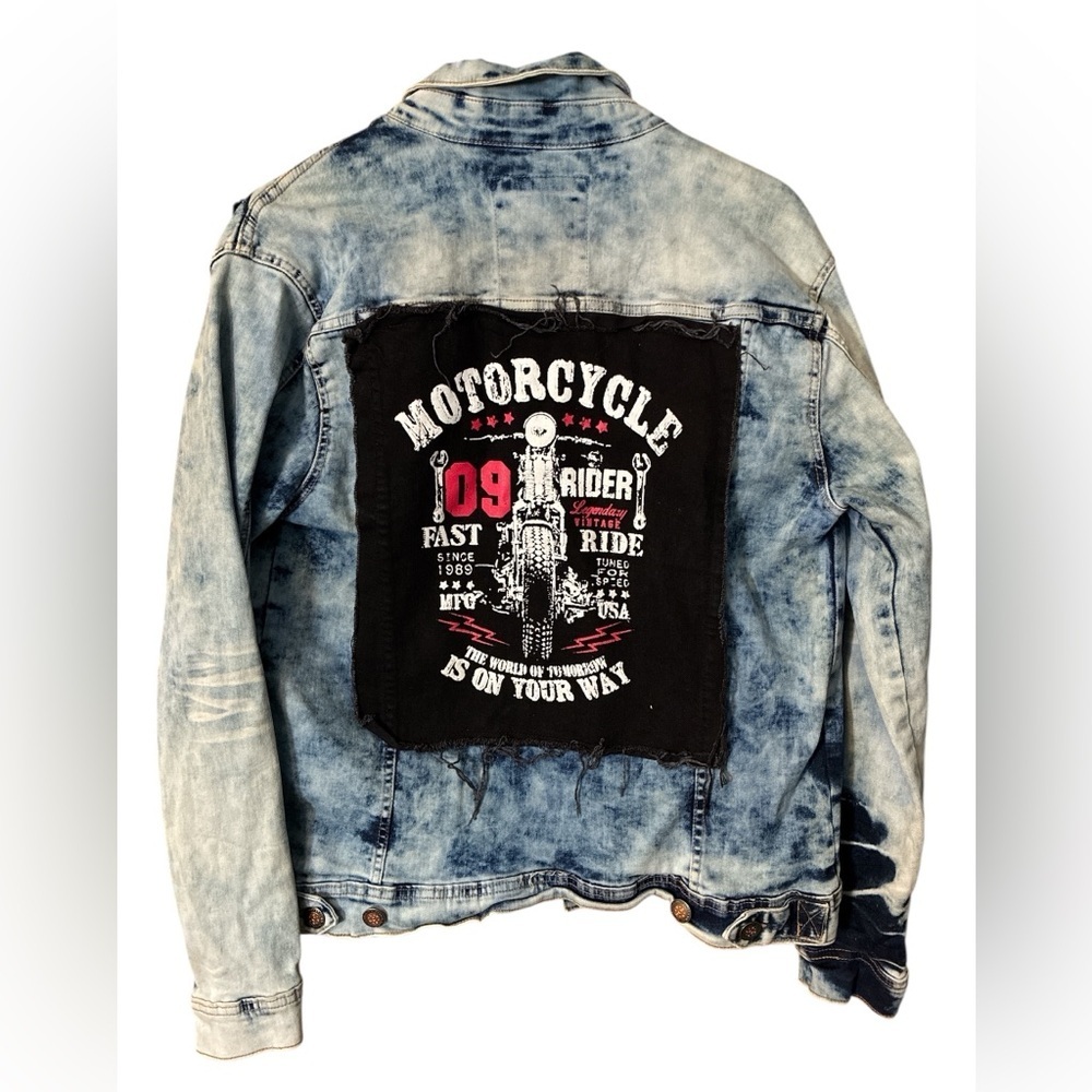 Copper Rivet Motorcycle Painted Jean Jacket Size Large - Picture 4 of 7